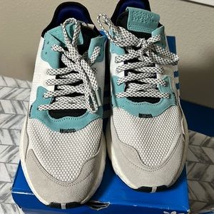 Adidas Nite Jogger size 9.5 mens. White w/ baby blue and purple accents.